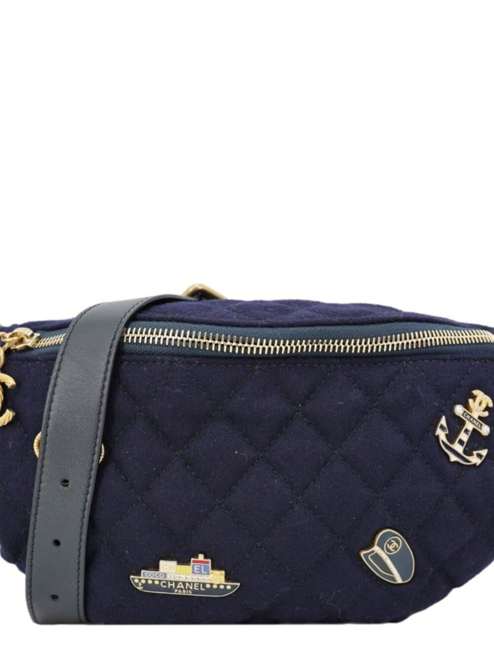 Chanel  Paris Hamburg Charms Quilted Wool Waist Bag Navy Blue